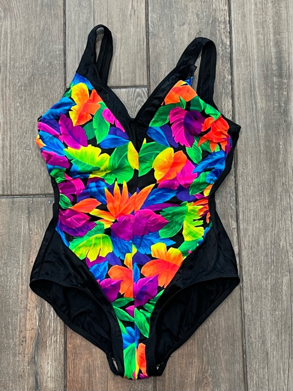 1980s Baltex Maillot One Piece Tropical Colorful Bathing Suit Size 14 C/D Cup